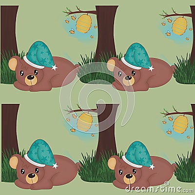 A bear sleeps under a tree with a honeycomb. Five bees. Background pattern Stock Photo